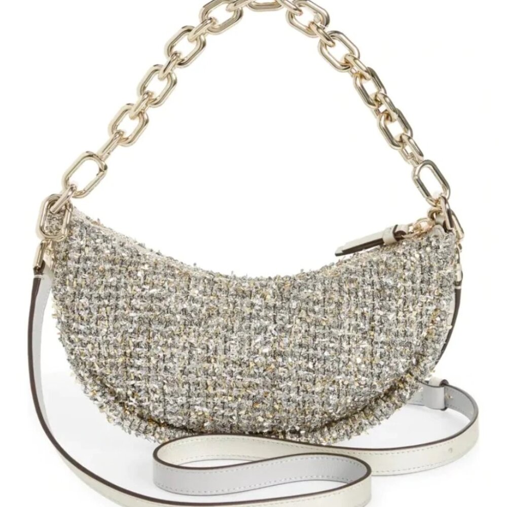Kate Spade Smile Crossbody Bag Small Silver Metallic Tweed Chain Strap Org Pkg